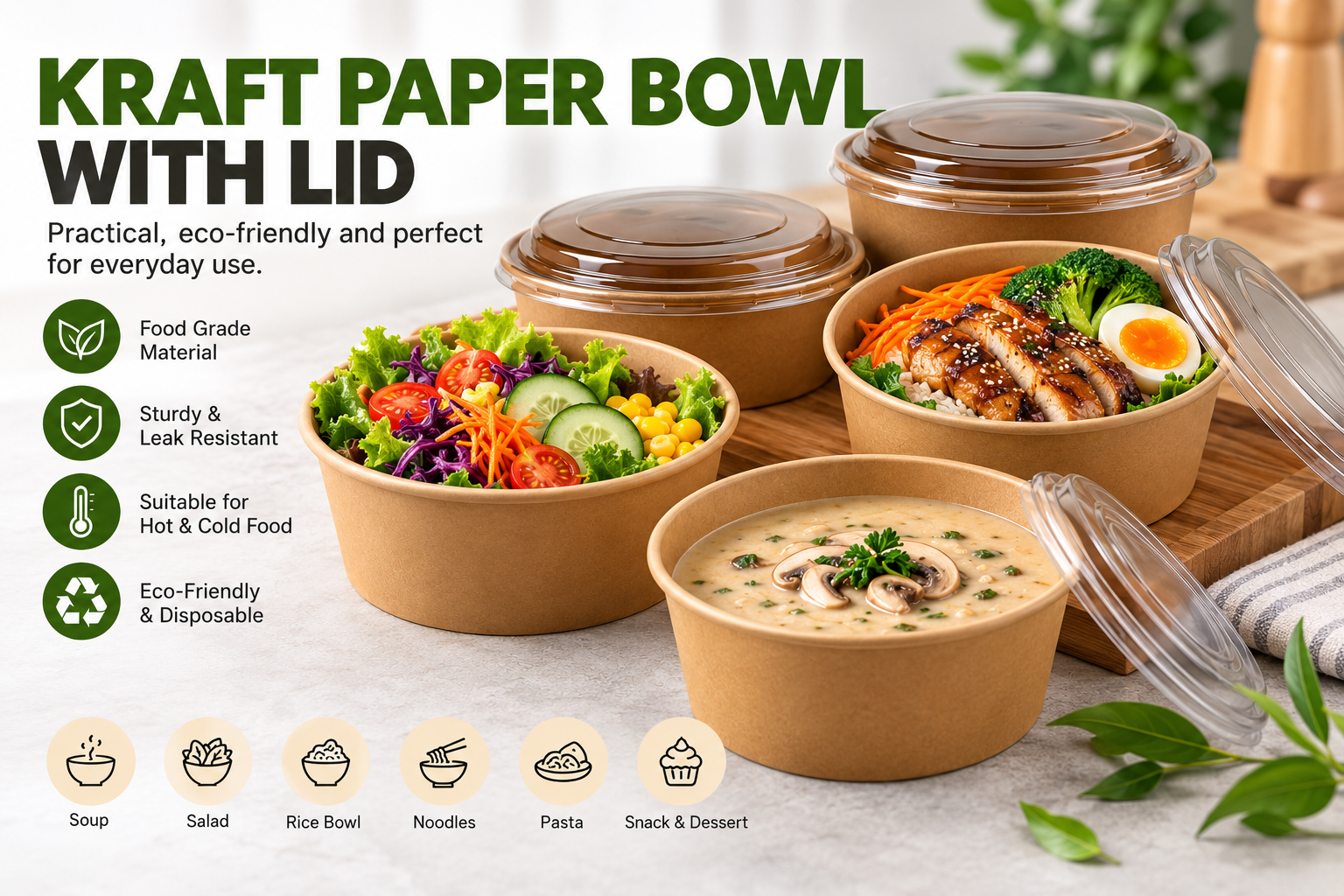 Eco-Friendly Kraft Bowls with Lids